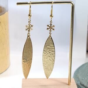 Gold Hammered Dangle Earrings with Snowflake Charm, Boho Chic Jewelry Design
